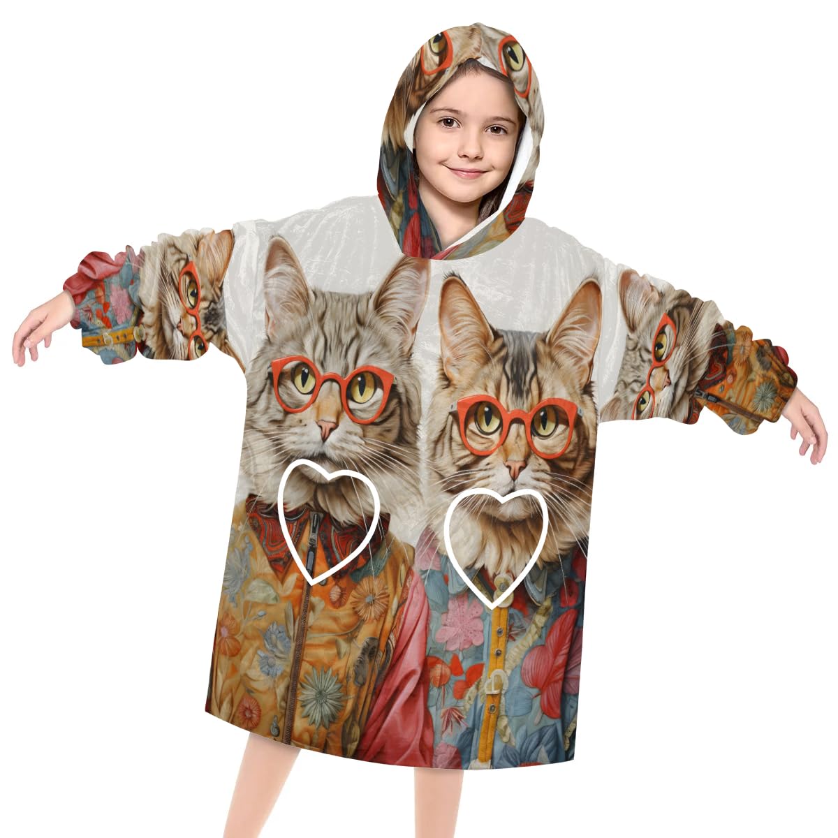 Wearable Blanket Hoodie for Kids, Calico Cat Fleece Sweatshirt Blanket Oversized Blanket Sweatshirt with Pocket Flannel Warm Hooded Blanket 6-10 Year Old Girl Boy Gift, One Size