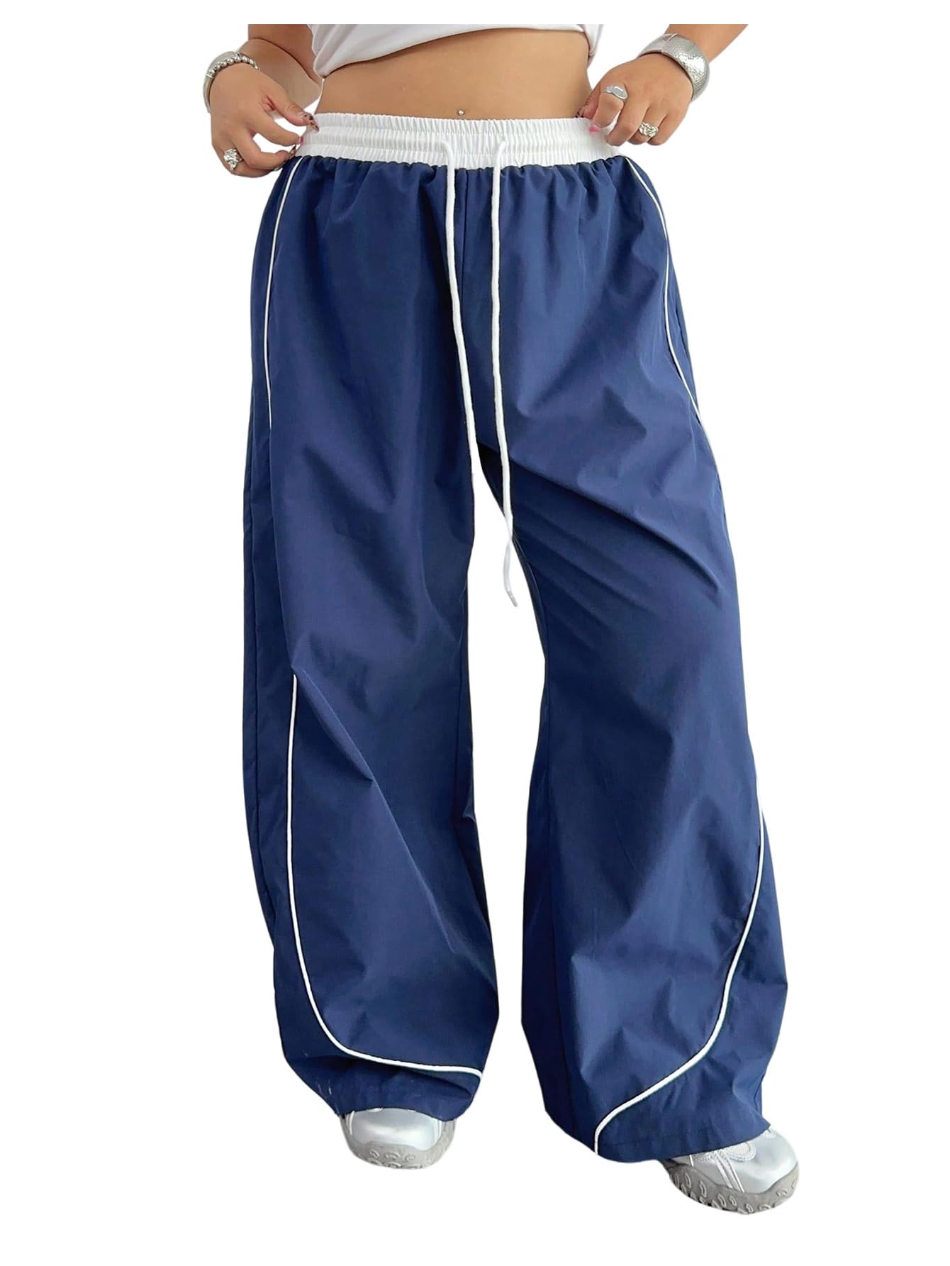 Floerns Womens Plus Size Wide Leg Track Pants Drawstring Waist Casual Long Trousers