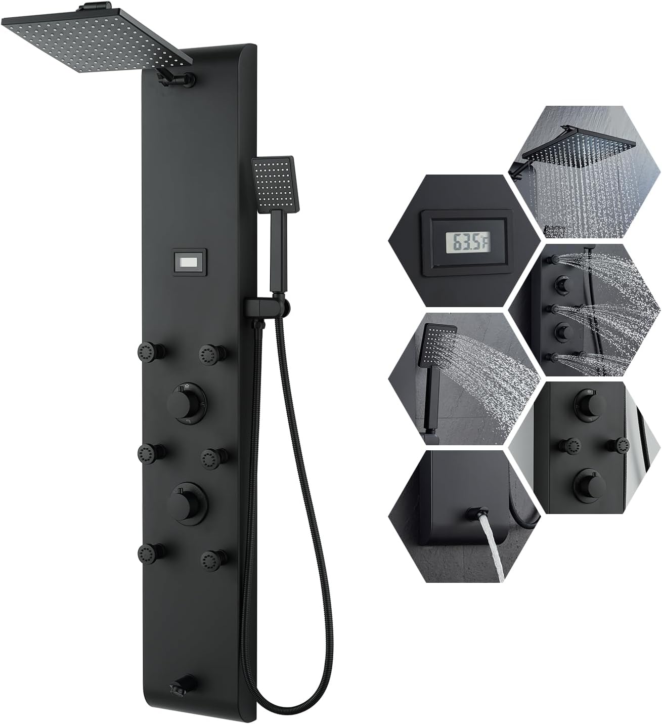 MENATT Stainless Steel Shower Panel Tower System with Height Adjustable Rainfall Shower Head, 4 in 1 Shower Panels with 6 Body Jets, Handheld Shower, Tub Spout, Brushed Matte Black