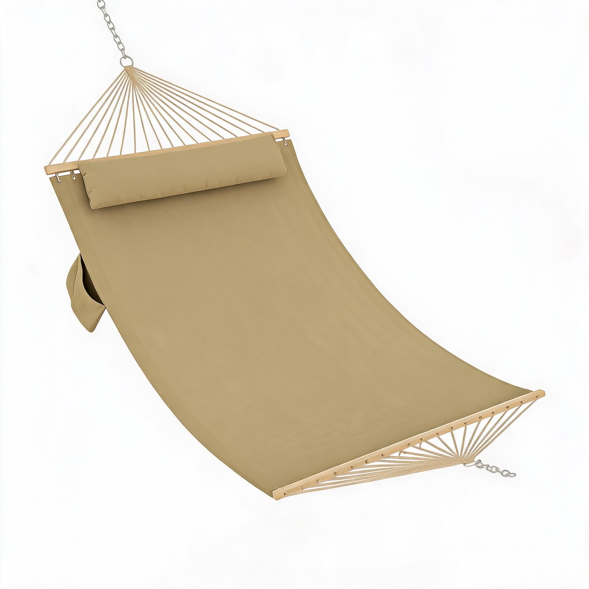 Hamac double d'extérieur - Charge maximale : 204 kg, barre de séparation en bois, rembourrage amovible, sac de rangement latéral et chaînes incluses