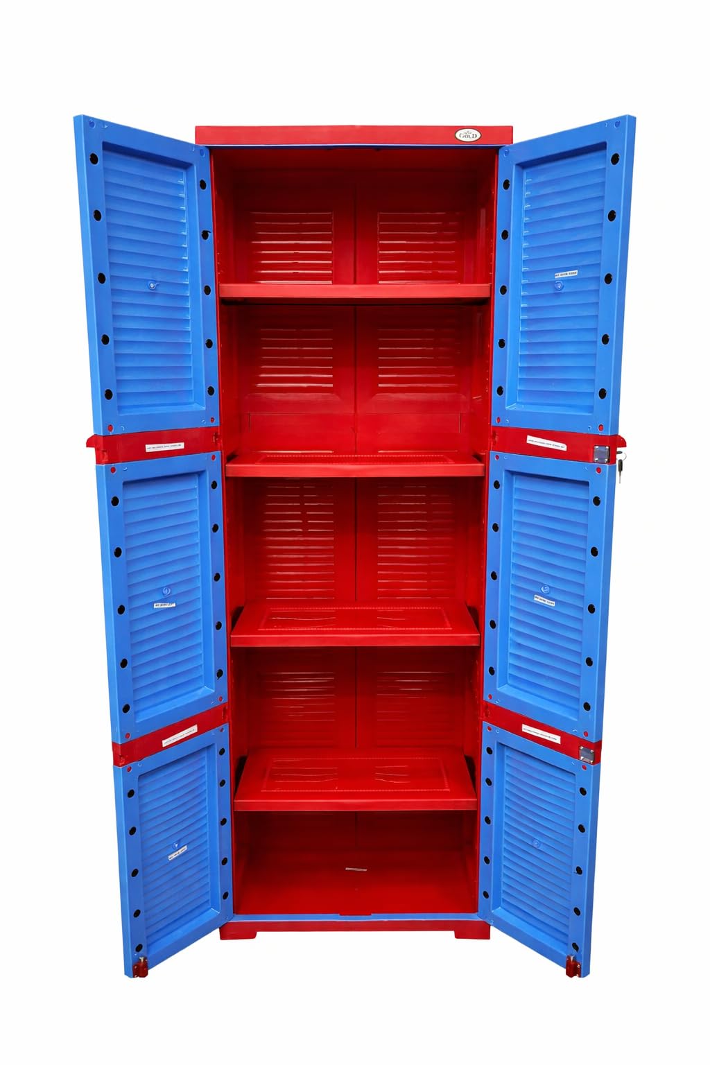 MELODY Plastic Cabinet | 4-Shelf Storage Cupboard with Doors | Multi Organizer | for Home and Kitchen | Almirah with Shelves |Blue and red 3