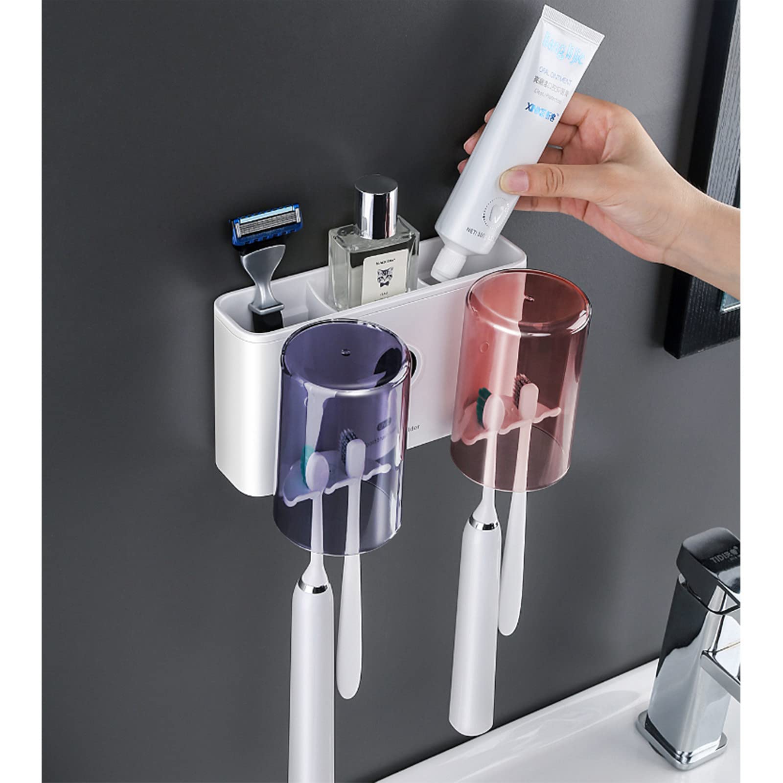 Porta Cepillo de Dientes, Soporte Cepillo de Dientes con Función Esterilizador, LED Estuche Cepillo Dientes con 4 Ranuras para Cepillos, Organizador Baño USB Recargable Blanco