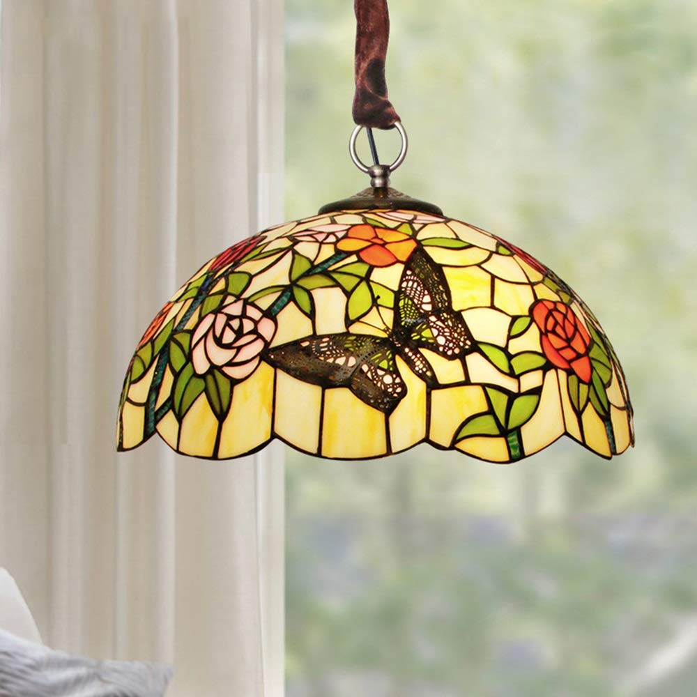 HPTHLY Hanging Lamp Tiffany Style Stained Glass Chandelier Rural Butterfly Led Ceiling Lamp Retro Warm Light Φ40Cm Pendant Lamp