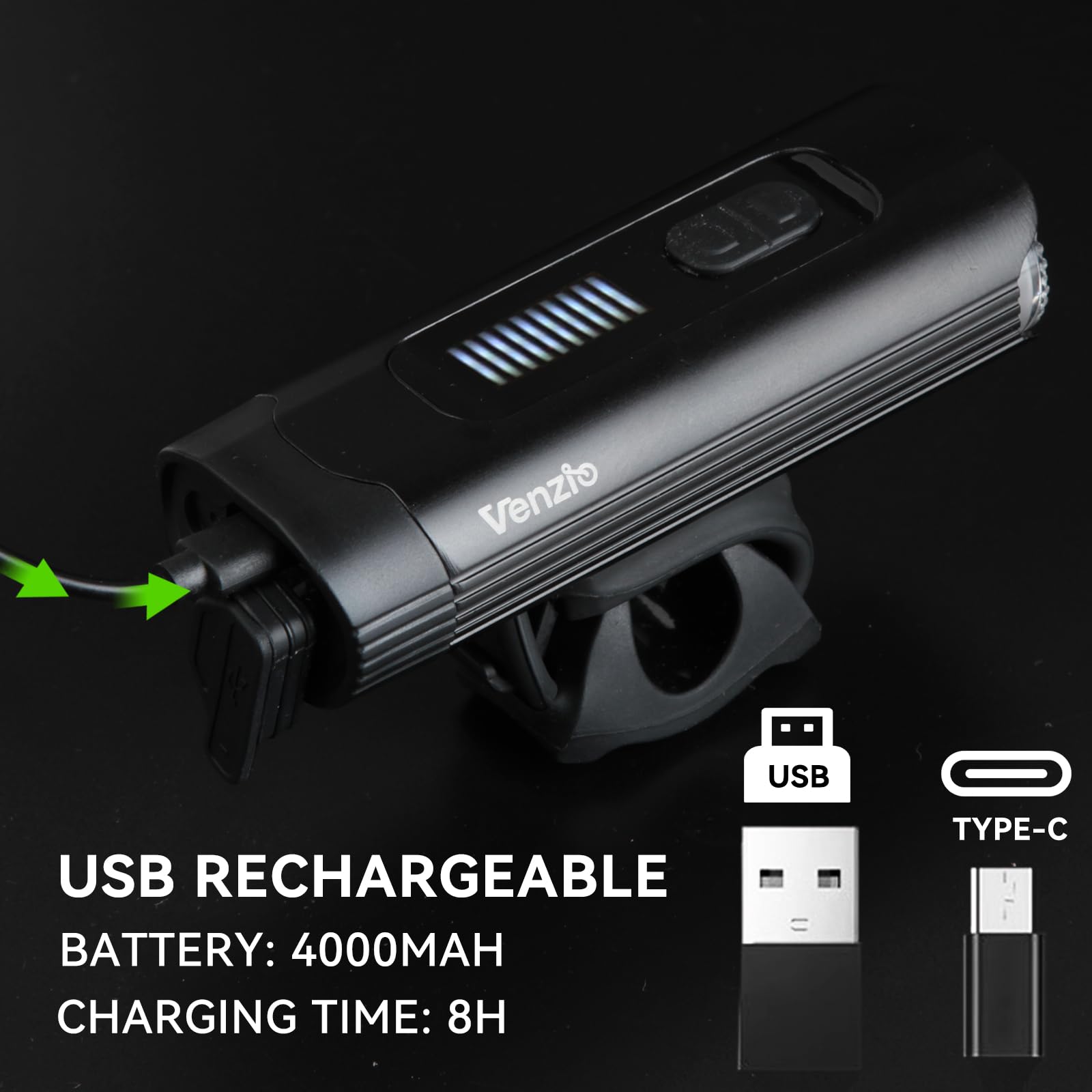 Venzio Fanale anteriore da 1000 lumen, ricaricabile USB-C, a LED, con batteria da 4800 mAh, impermeabile IPX4, 8 modalità, luce multifunzione per guida notturna, strada, montagna e uso pendolari