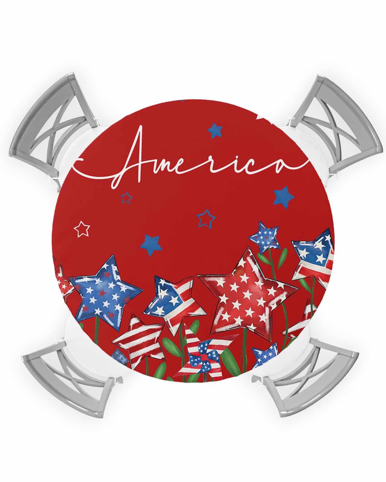 4th of July Table Cover Elastic Fitted Round Table Covers Tablecloths, Red Waterproof Outdoor Table Cover for Party, Patriotic Star Fire Picnic/Patio/Dining Table Cloth, Fits Tables up to 36