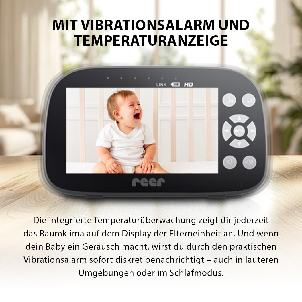 reer BabyCam Pro HD Move | Digitales Video-Babyphone mit FHSS-Technologie | Großer 5" HD-Bildschirm | 300m Reichweite | schwenk- & neigbare Kamera mit Nachtsicht und 4-fach Zoom
