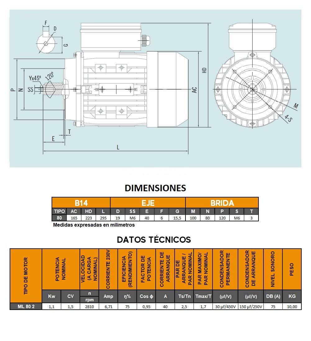 Moteur électrique CEMER monophasé 3000 tr/min 230 V 1,1 kW / 1,5 CV Taille 80 Ø de l'axe 19 mm BRIDE B14 120 mm HAUT PAR DE ARRANGEMENT