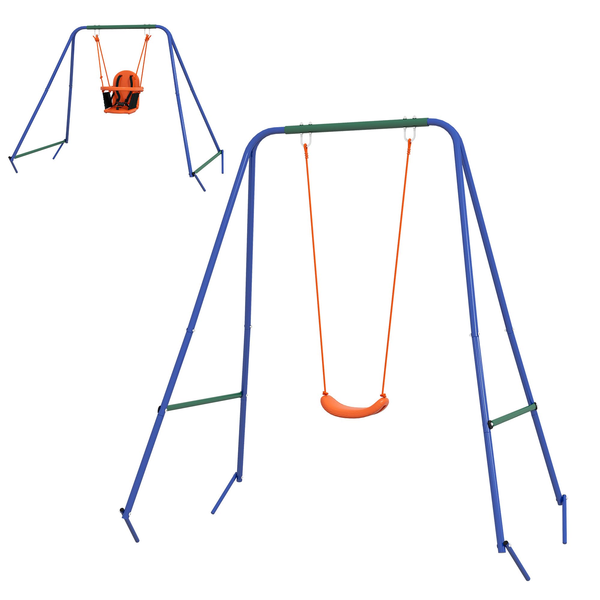 Outsunny Columpio Infantil 2 en 1 Columpio para Niños y Bebés con 1 Silla para Niños 1 Silla para Bebés y Cinturón de Seguridad para Exterior e Interior Naranja