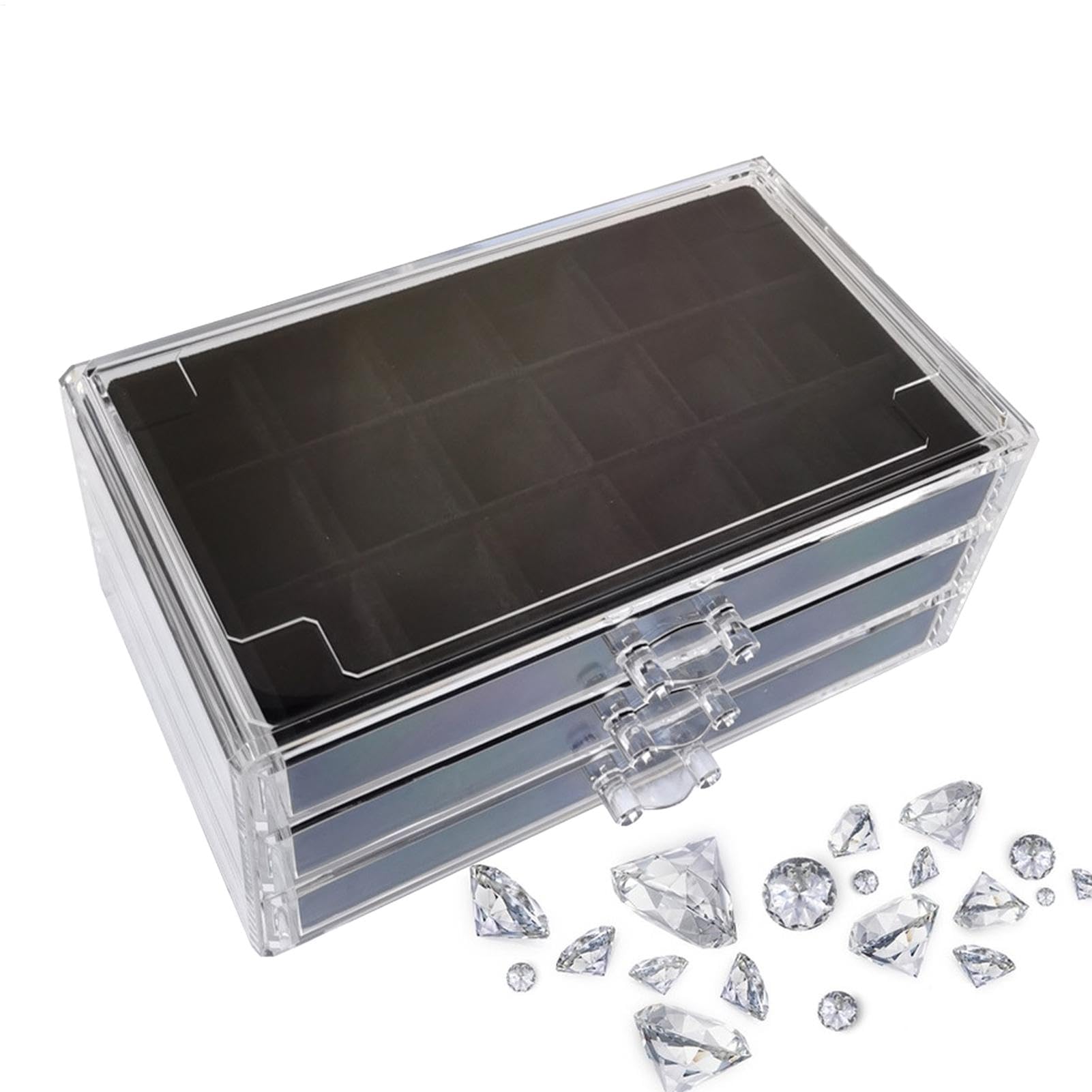 Vetrina con pietre preziose, 54 scomparti, 3 cassetti, scatola da collezione Rock in pietra acrilica trasparente, scatola per gioielli, contenitore per bambini, organizer per, 15,5 x 23,7 x