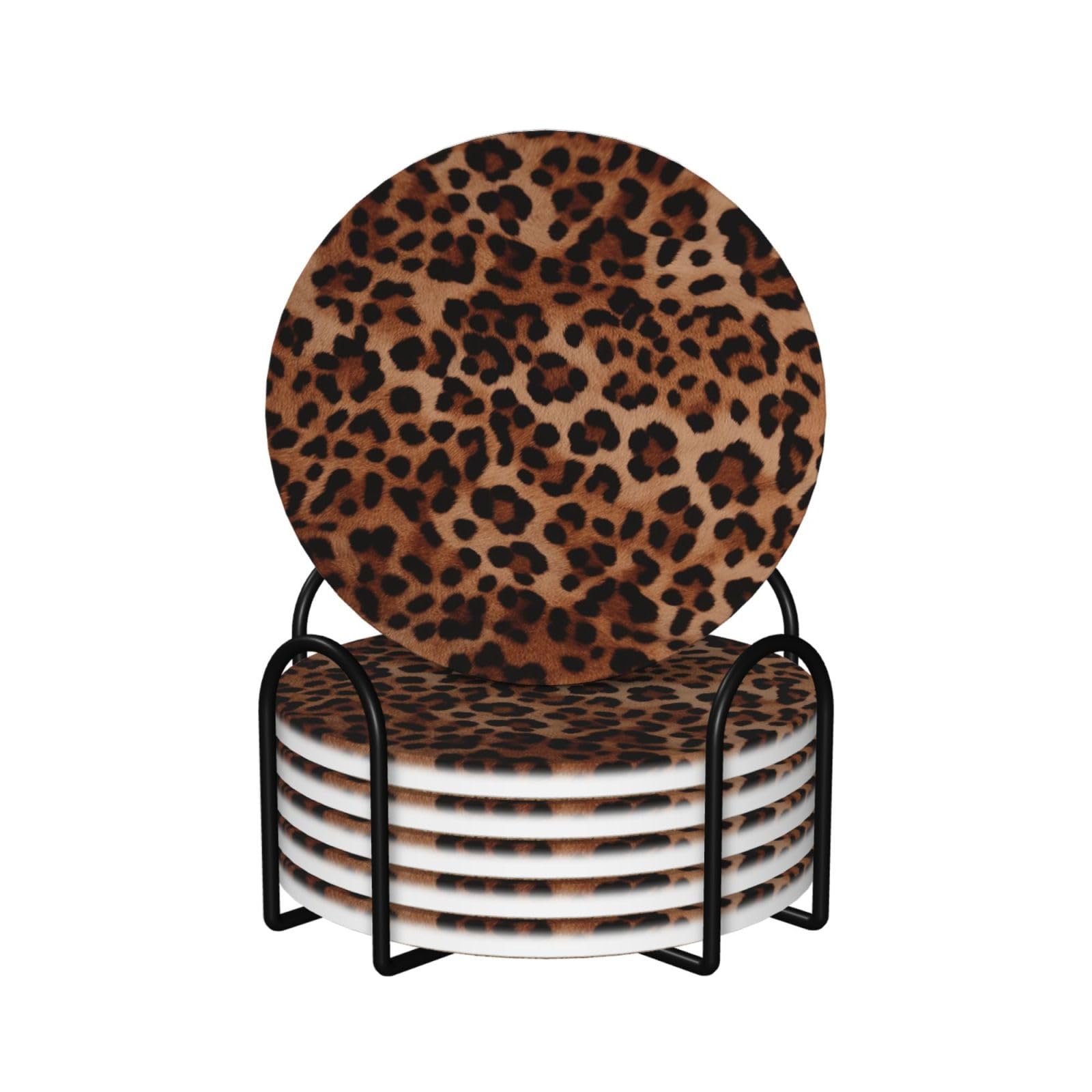 6Pcs Ceramics Coaster for Drinks, Leopard Print Cup Coasters with Holder, Aesthetic Drink Coasters for Coffee Table, Absorbent Round Coaster for Tabletop Protection 4" Cup Mat Pad