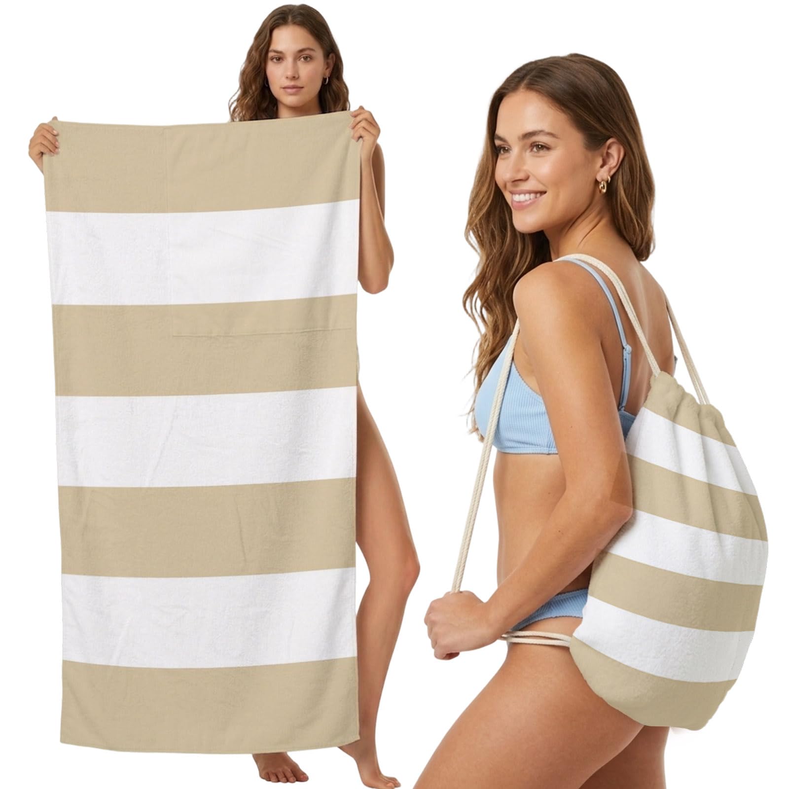 Beach Towel Bag 2 in 1 Khaki Stripes Bath Pool Towels Backpack Parallel Lines Classic Striped Absorbent Beach Towel Soft Quick Dry Lightweight Packable Towels Drawstring Bag for Travel Sports Yoga