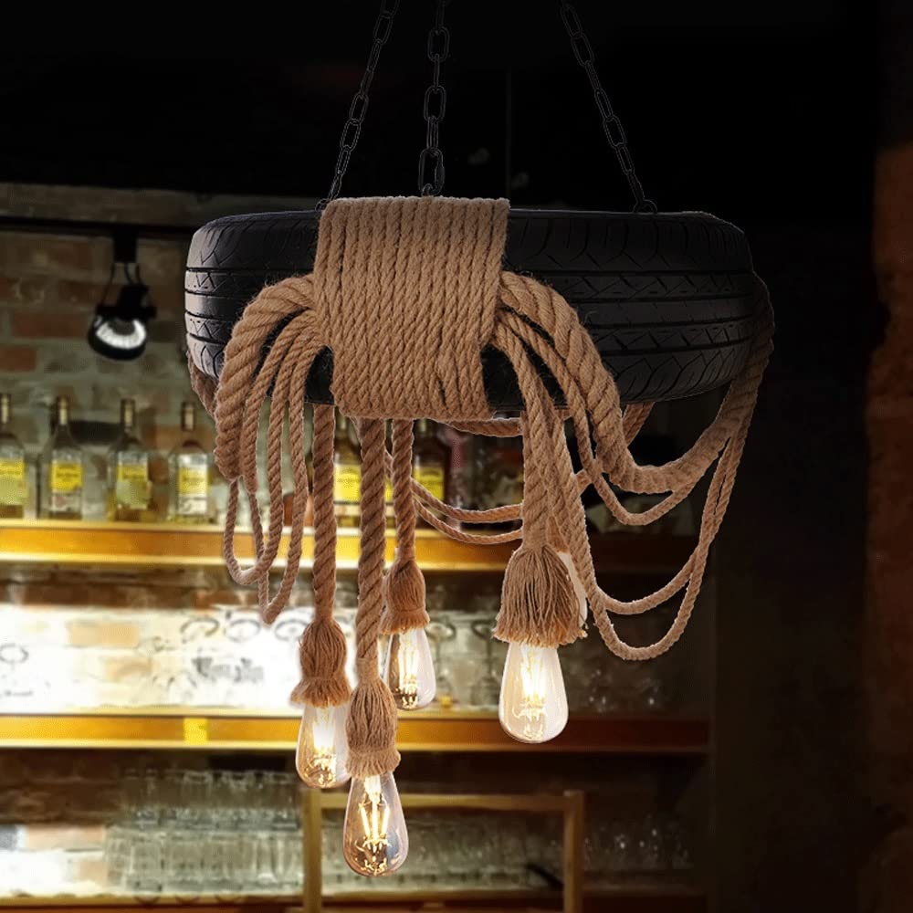 Pneus industriels américains Lampe à Suspension en Corde de Chanvre Lustre personnalisé créatif Pneu en Corde de Chanvre Salon Salle à Manger café Lustre rétro Times