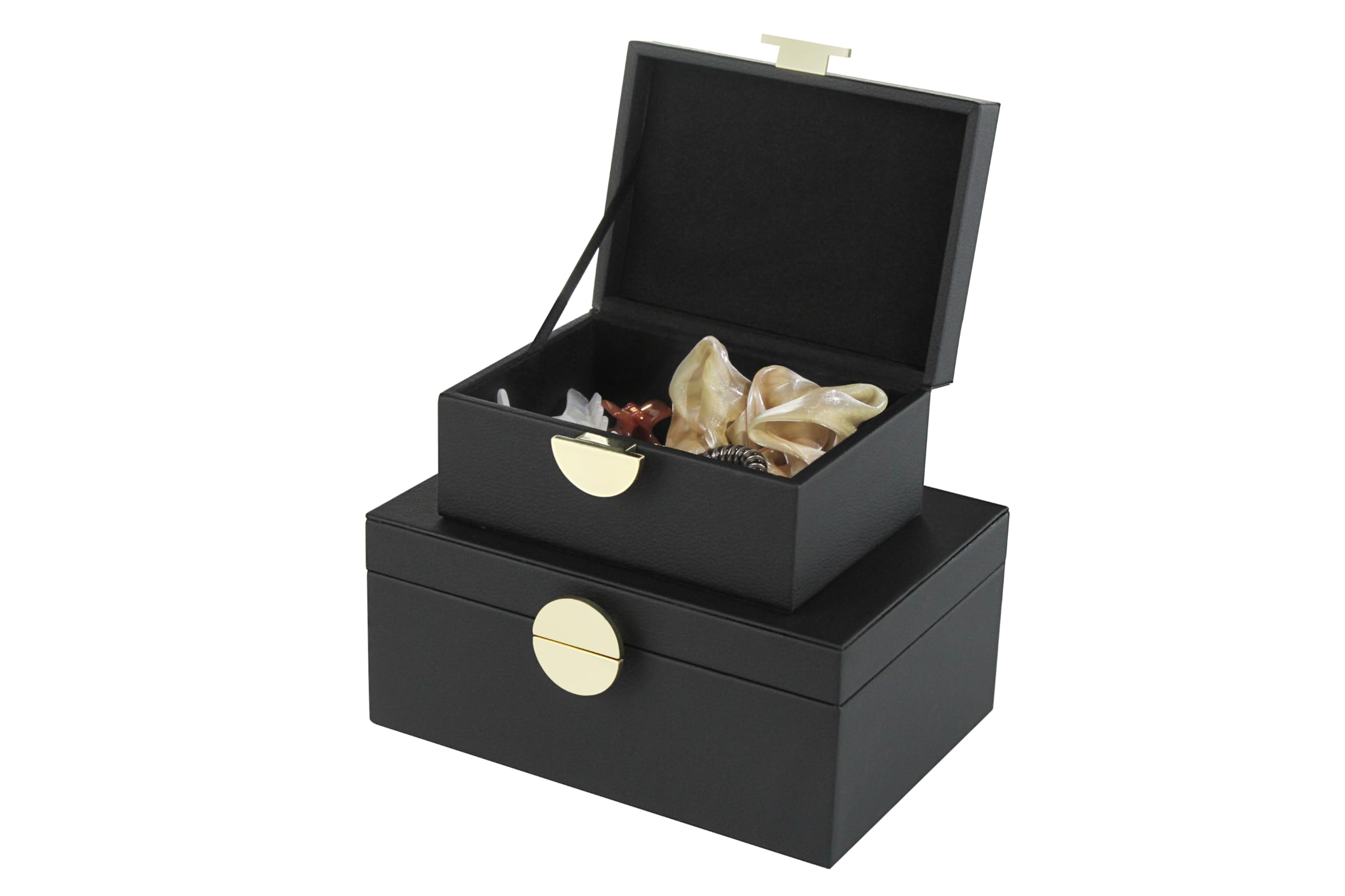 HofferRuffer Schmuckkästchen 2er Set Schwarz, Schmuckbox aus Kunstleder mit Goldfarbenen Beschlägen, Schmuckkasten für Halsketten, Ringe, Armbänder, Uhren, Sonnenbrillen und Wertsachen