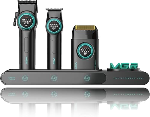 VGR Juego de cortapelos profesional 3 en 1, recortadora de pelo, afeitadora de aluminio, kit de corte de pelo inalámbrico con potente motor