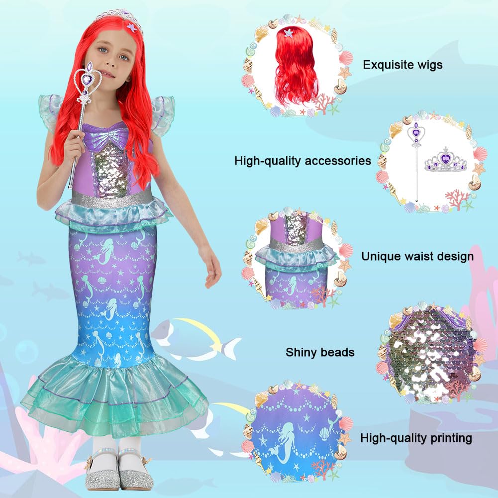 AYBUY Vestito Principessa Sirena, Vestito Sirena Ragazza con Parrucca, Costume da Sirenetta Vestito con 3 pezzi Accessori per Halloween, Natale, Cosplay, Compleanno