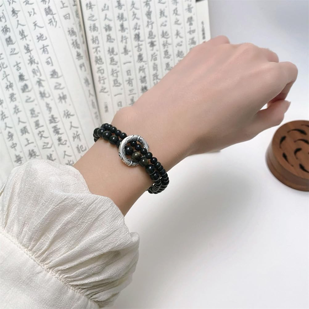 Bracciale in Ossidiana Nera Naturale con distanziatore in Argento Sterling Perline di Cristallo protettive con Accento ad Anello fluttuante, Gioielli Elasticizzati per Uomo e Donna