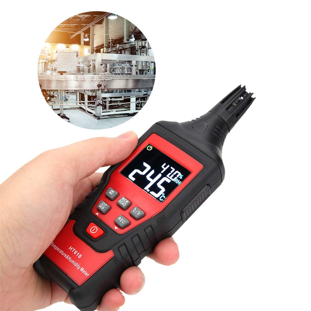 Medidor de temperatura y humedad Sensibilidad digital Pantalla LCD dual portátil HT618 para oficina en casa Invernadero Uso en interiores y exteriores Plástico 180x60x33 mm