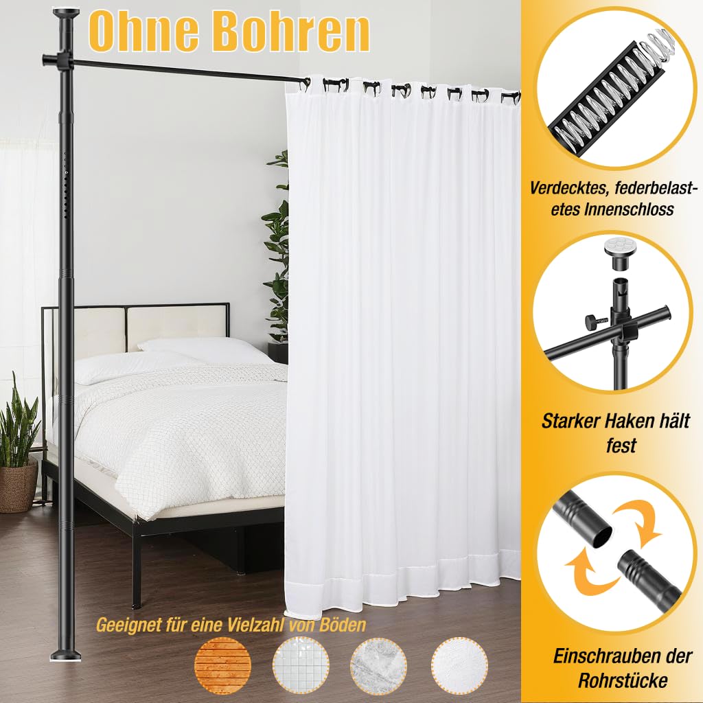Tringle à Rideau pour Cadre de séparation de pièce 177 x 305 cm, écran réglable en flexibilité, cloison de séparation de pièce, Aucun perçage requis, pour Chambre ou Bureau (Noir)