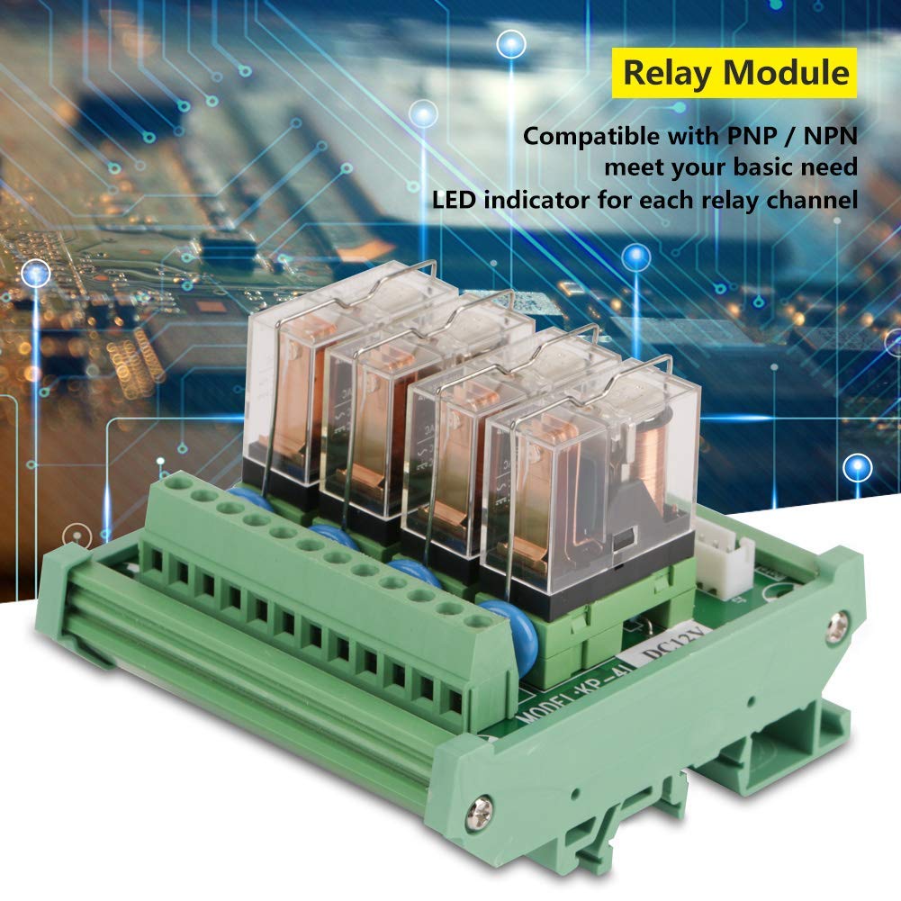 Hilitand Módulo de Interfaz de Relé de Potencia de 4 Canales, Montaje en Riel DIN, 16A DC 12V, Indicador LED, Compatible con PNP / NPN