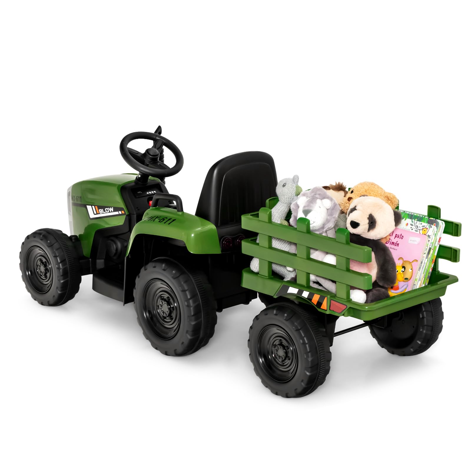 SOARS Spielzeugtraktor, Akku, 12 V, mit Fernbedienung, 2,4 G, 3 Geschwindigkeiten, Traktor mit elektrischem Anhänger mit Hupe/MP3/Bluetooth/USB/LED, Elektrotraktor für Kinder ab 3 Jahren