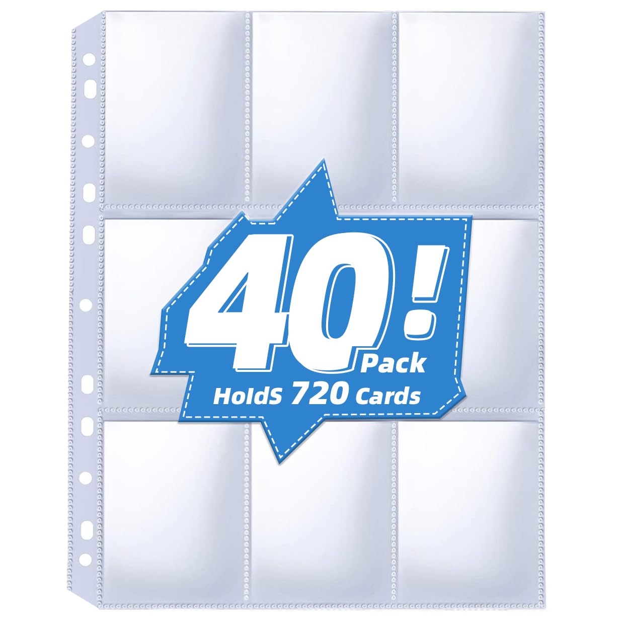 40 Pack 9 Pocket Card Sleeves Binder Sheets，Holds 720 Cards, Clear Trading Card Sleeve Pages Protector for 3 Ring Binder, Fit for Baseball,Football,