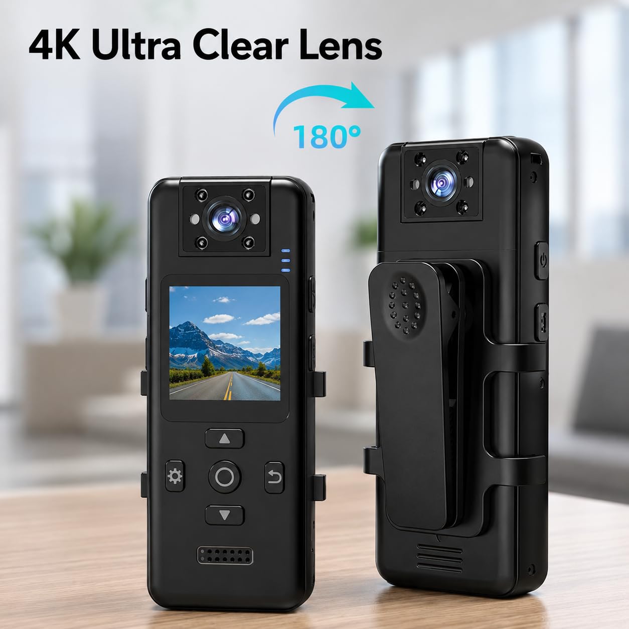 4K Bodycam Körperkamera Mini mit Audio und Video, 180° Drehbares Objektiv, Nachtsicht, Bewegungserkennung, SOS Alarm, 64GB Speicherkarte, Dual Akku & Ladestation für Sicherheit Outdoor Reisen