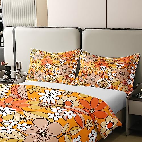 Boho Floral 100% Cotton Duvet Cover Double,Retro 1960S 1970S Groovy Flower Comforter Cover for Kid Girls Teens,Orange Boho Hippie Trippy Bedding Set Botanical Blossom Quilt Cover with 2 Pillowcases - Image 4