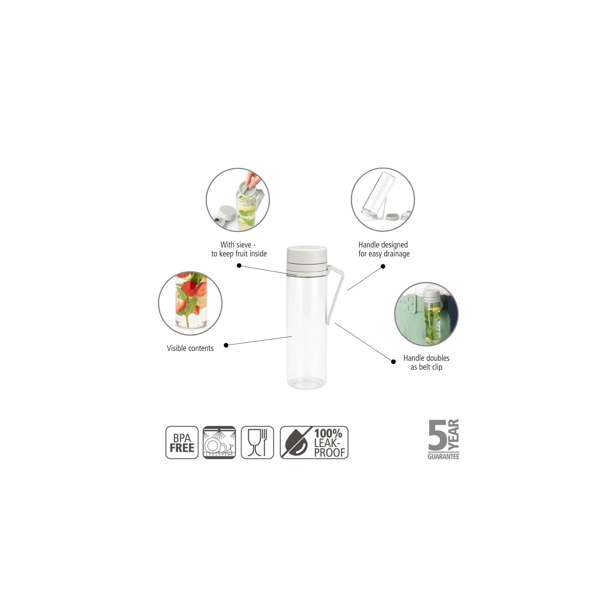 Brabantia Make & Take Water Bottle with Fruit Sieve (Light Gray) 17 fl oz Travel Drinking Bottle with Handle/Belt Clip & Infuser, BPA-Free, Leakproof, Dishwasher Safe