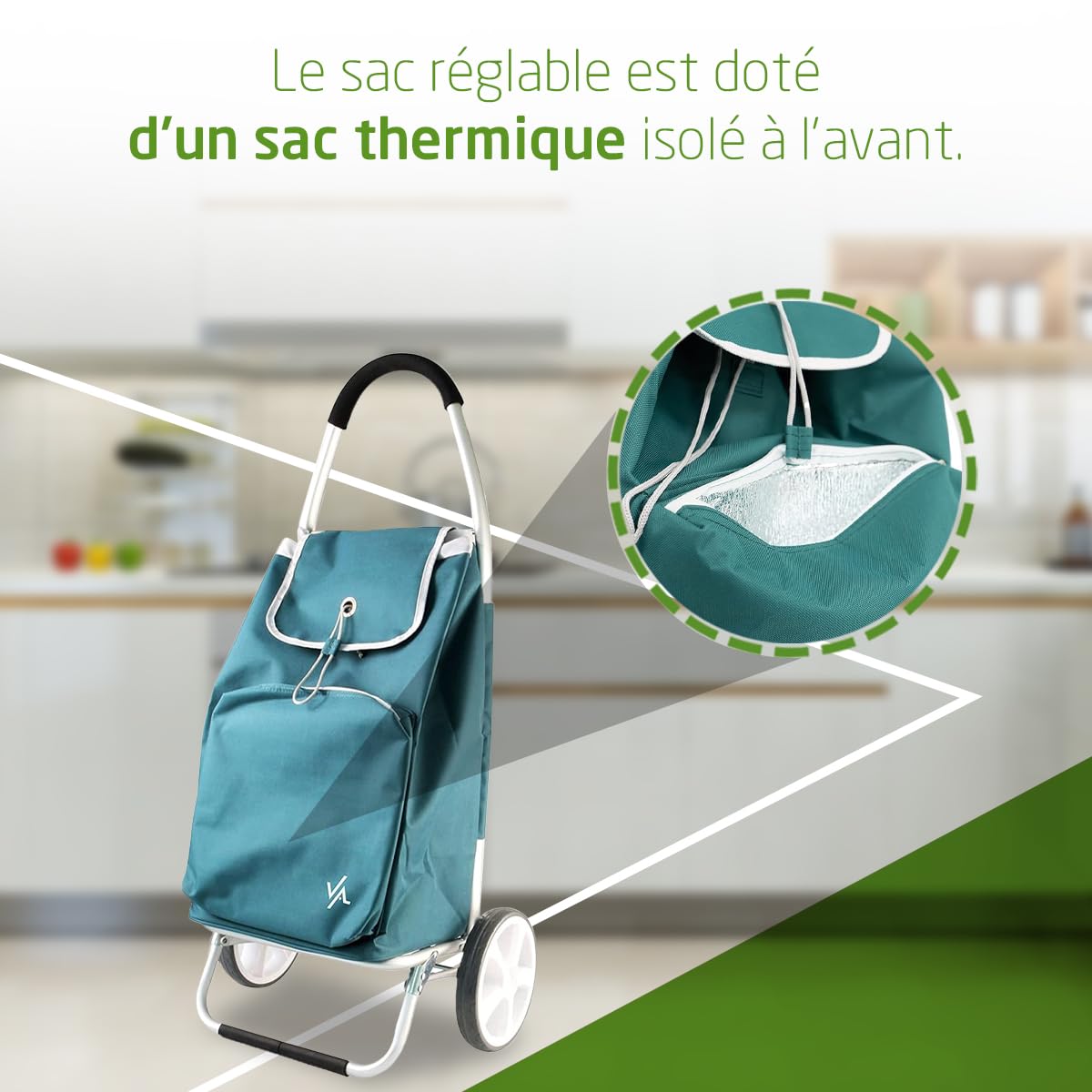 Amig - Chariot de Courses à 2 Roues - Sac Ajustable - Aluminium léger - Charge maximale : 15 kg - Capacité : 50 L - Dimensions : 95 x 45,5 x 12 cm - Couleur : Vert