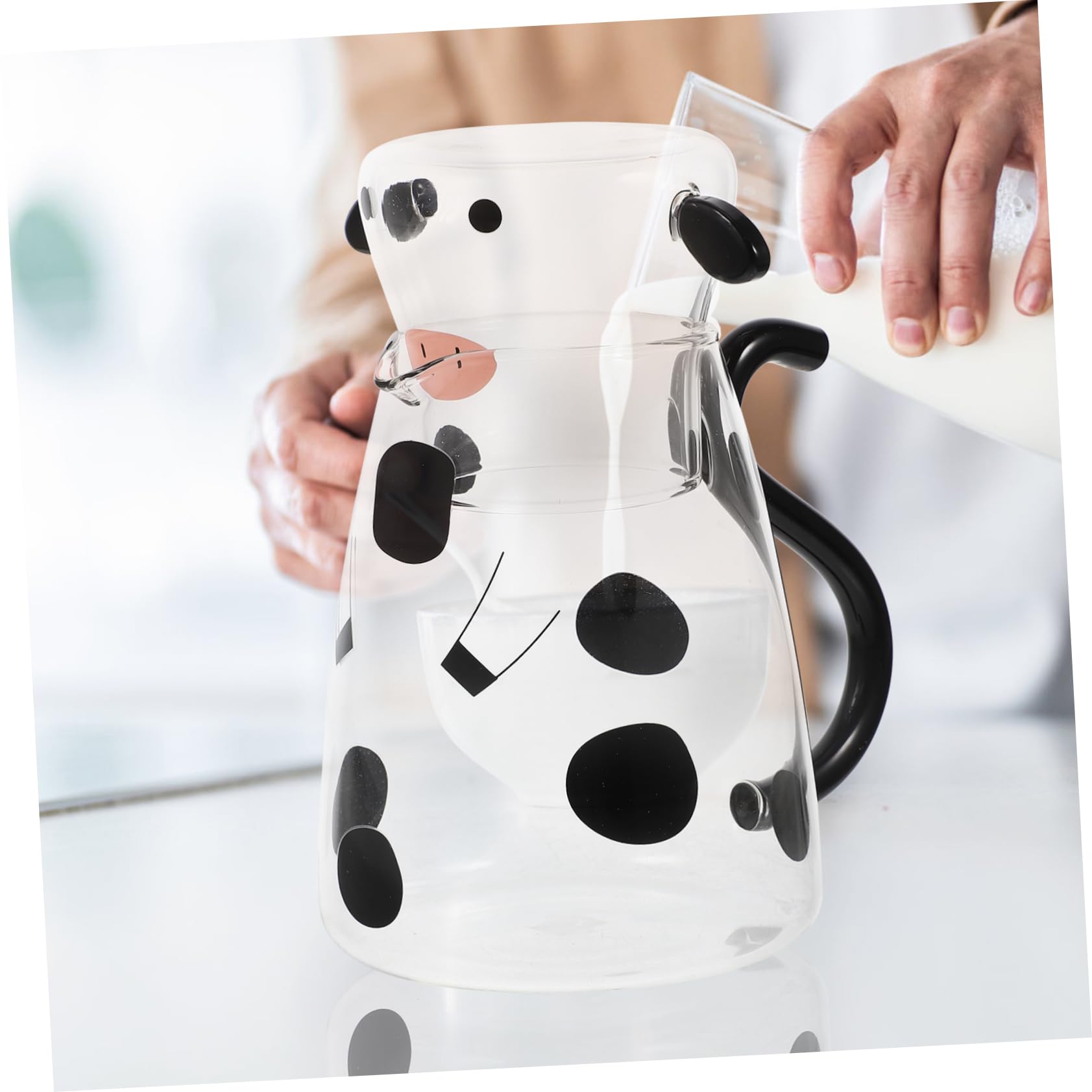 Jarra de Agua de Cristal Forma de Vaca 550ml, 1 Juego | Vidrio Transparente, Vaso y Cuchara, para Agua Fría, Té Helado, Leche y Cerveza