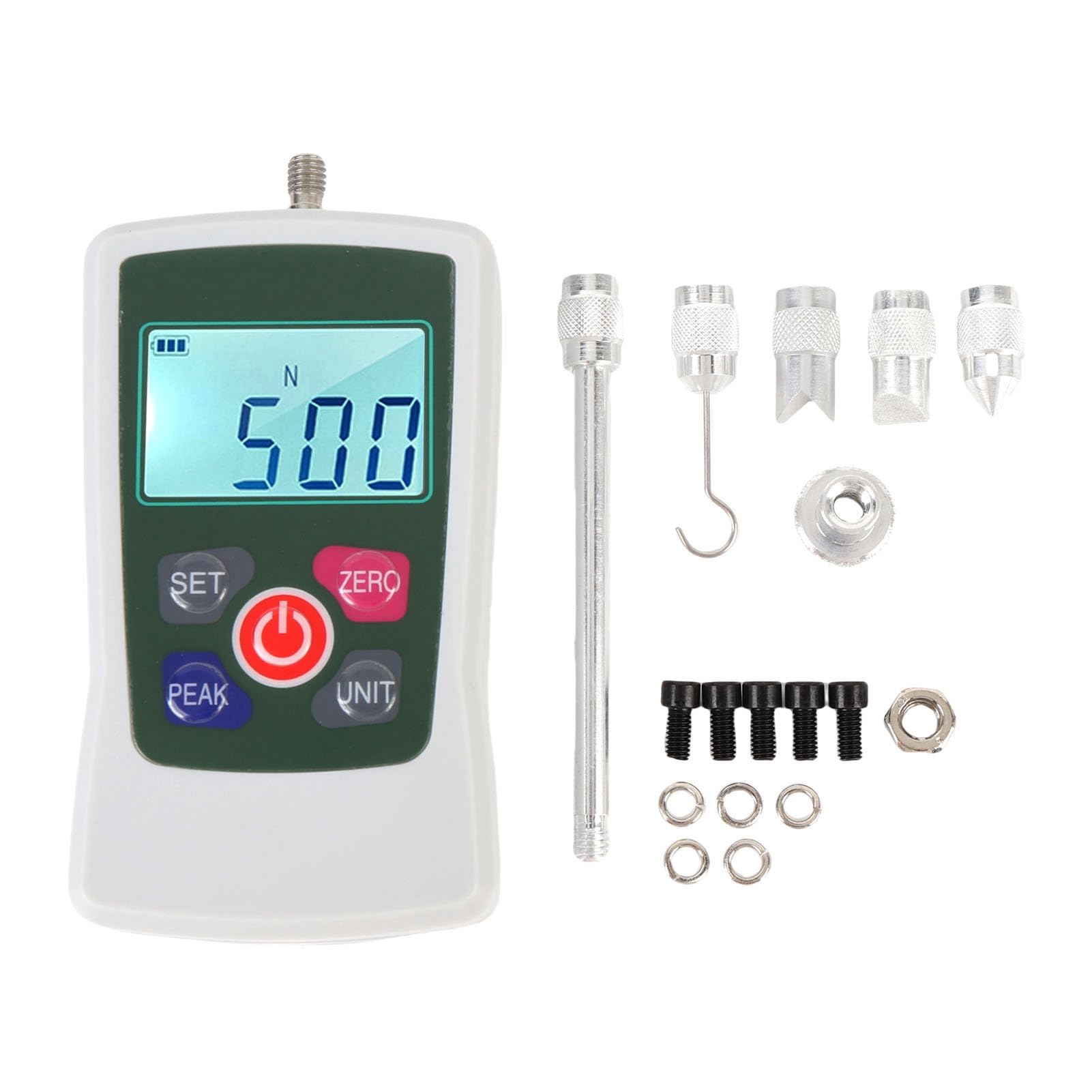 Dinamómetro Digital de Empuje y Tracción, Medidor de Fuerza 50N/5kg con Pantalla LCD, Función Pico, Conversión de Unidades, Alarma para Pruebas de Compresión y Tensión