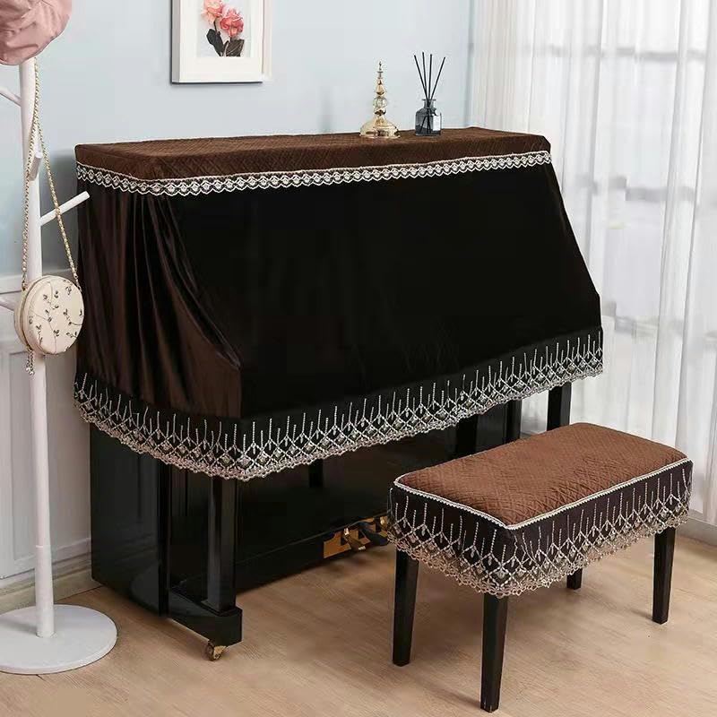 Klavierschutztuch, Klavierbezüge, for 150 cm Standard-Klavier, schwarzer Samt-Rüschen-Staubschutz for aufrechte Klaviere mit Hockerabdeckung, halber aufrechter Klavierbezug, Stoff-Sonnenschutz (Farbe: