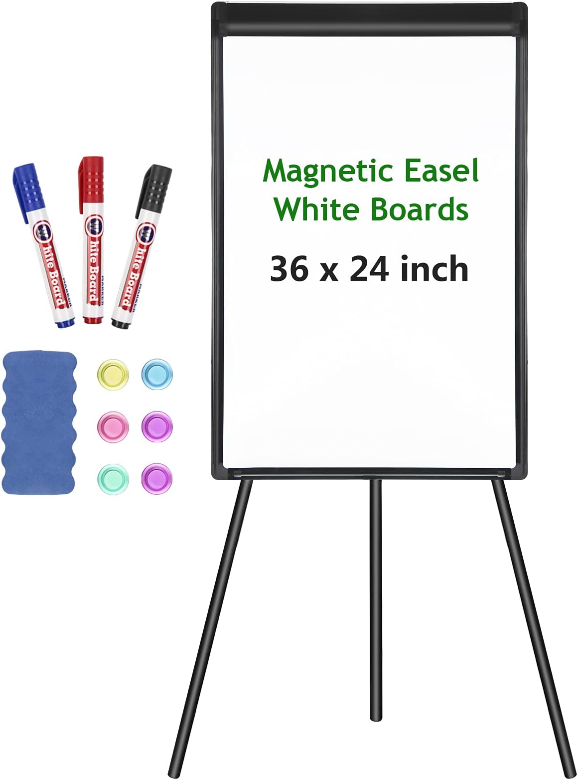 Easel Whiteboard, Magnetic Portable Dry Erase Easel Board, 36 x 24 inch Tripod Whiteboard, Flip Chart Easel White Board with Stand for Kids Teaching Classroom Office, Height Adjustable, Black