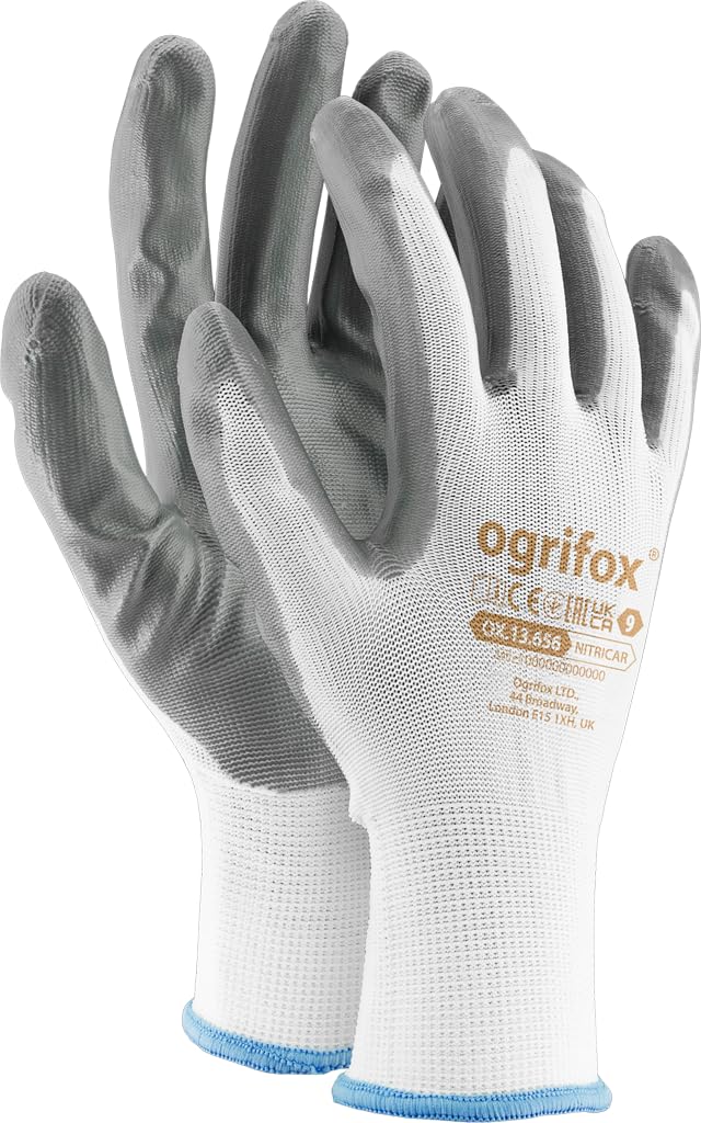 Ogrifox OX-NITRICAR, Rękawice Nitrylowe, Rękawice Ochronne, Rękawice Robocze, Biało-Szare, Rozmiar 10, 240 Par