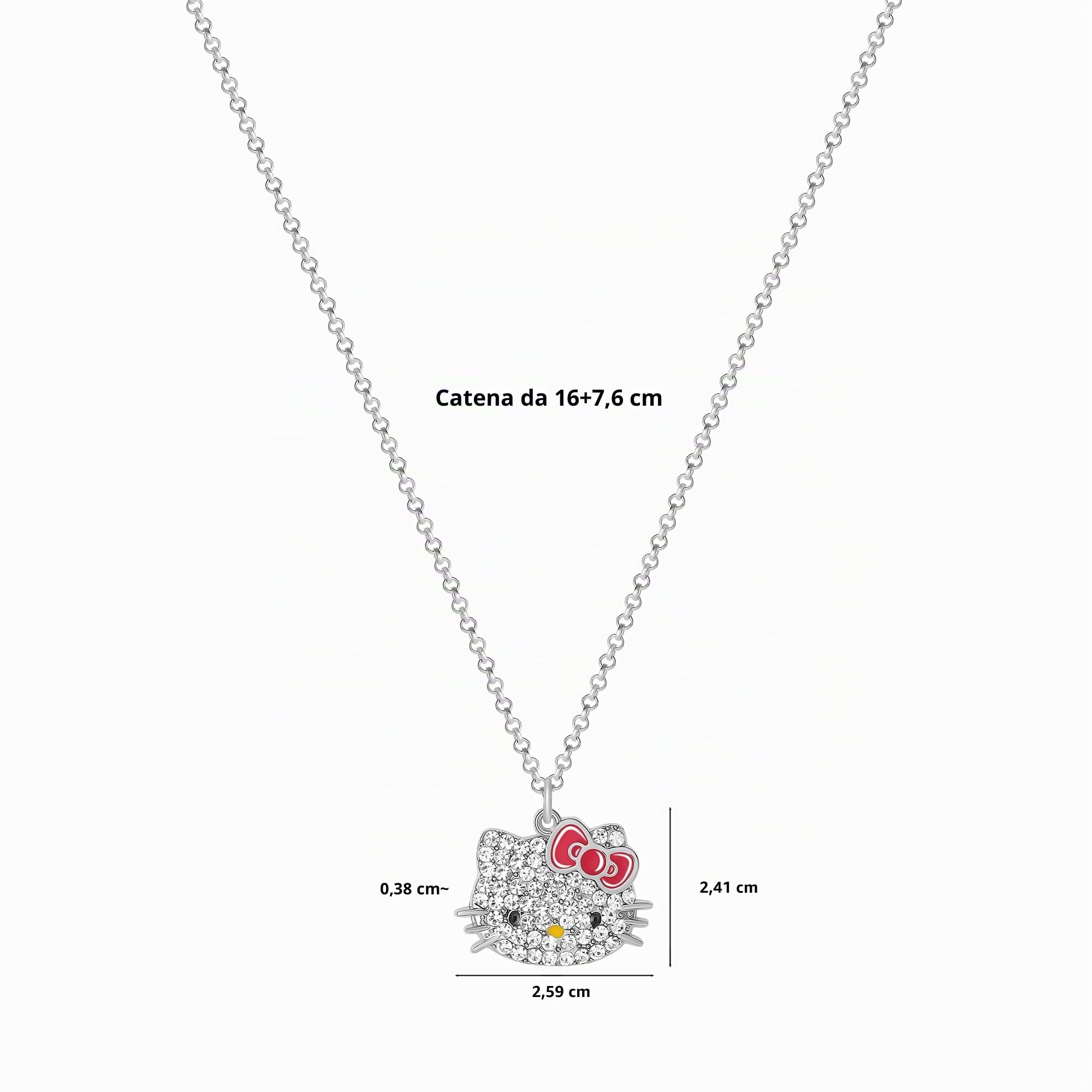 Hello Kitty Sanrio - Collana con ciondolo a pavé da 40,6 cm + 7,6 cm, con licenza ufficiale, gioiello per ragazze