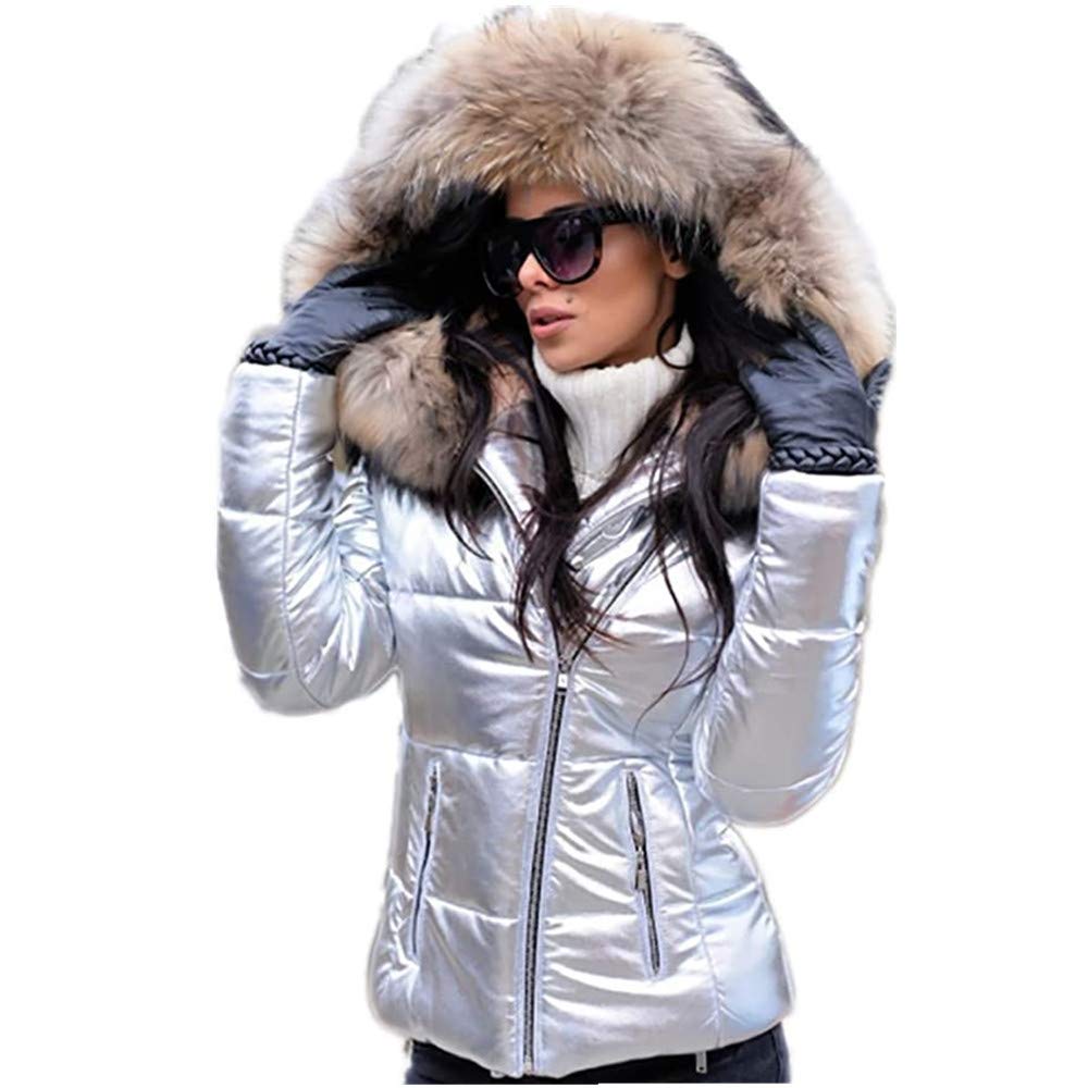 Enen Women's Silver Padded Faux Fur Parka Coat, Outwear Winter Warm Lady Thicken Puffer Slim Zipper Jacket Long Sleeve Windproof Fleece Hooded Coat (,2Xl)