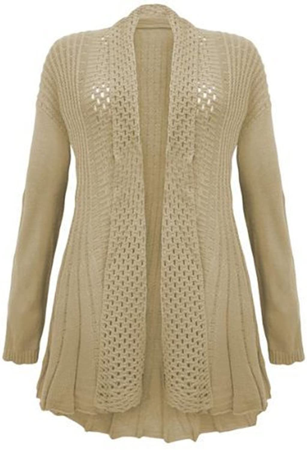 GirlzWalk New Women's Crochet Knitted Waterfall Boyfriend Cardigan Plus Size (ML, Stone)