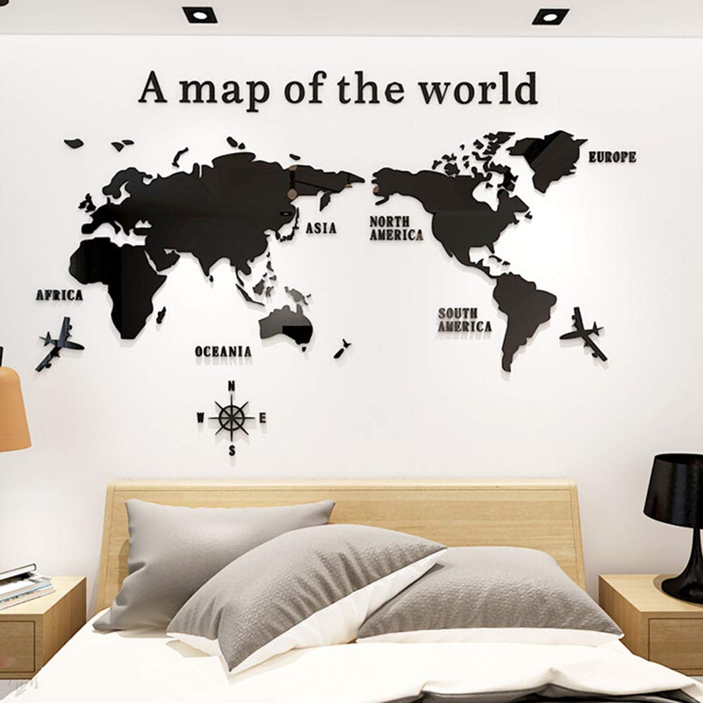 Yaoyodd19 3D Effect Acrylic World Map Removable Wall Decal Sticker Mural Home Office Decal - Black XXL