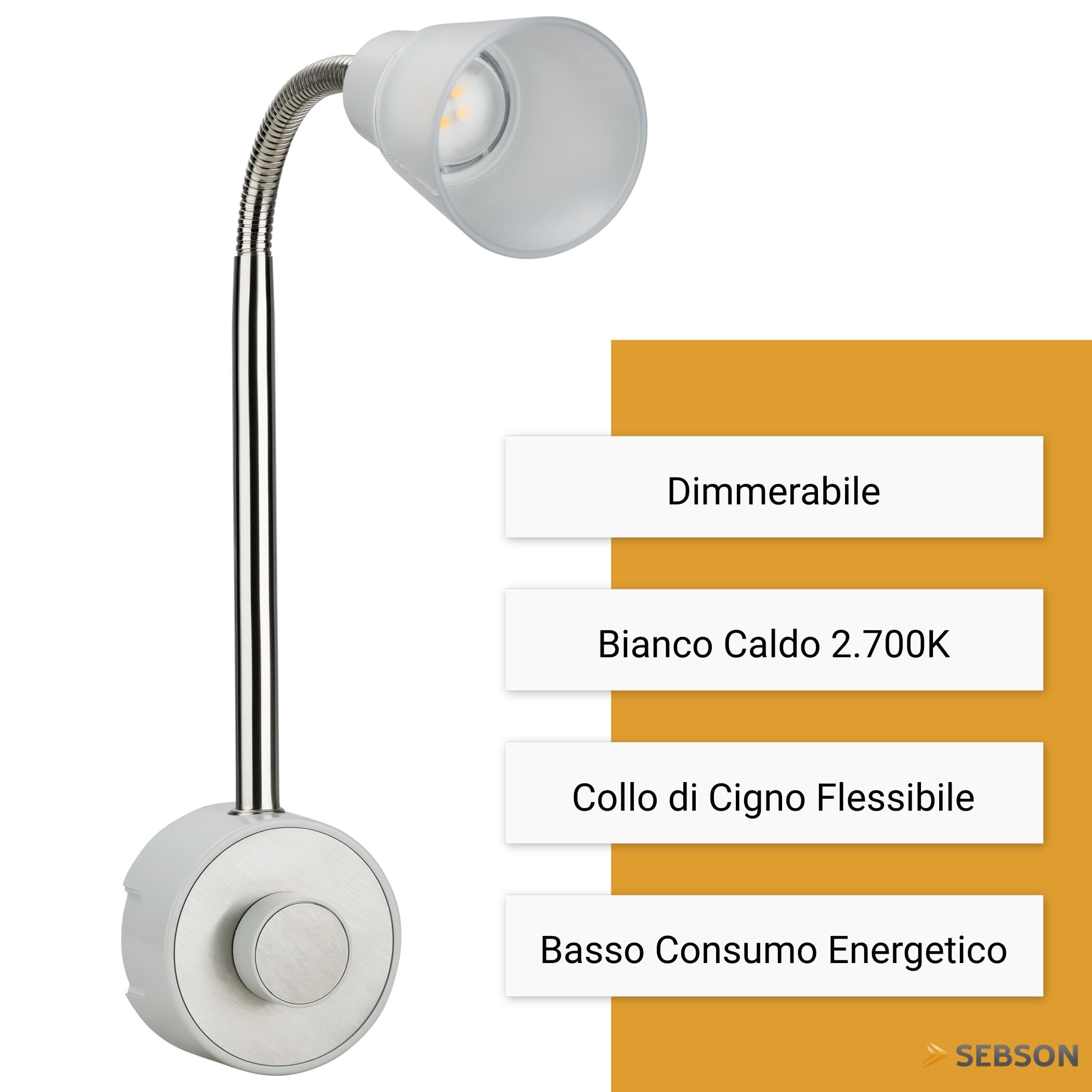 SEBSON Luce Notturna LED da Presa - Set da 2, dimmerabile, flessibile, 2W | Bianco Caldo 2700K, Applique da Parete - Lampada da Lettura con Spina