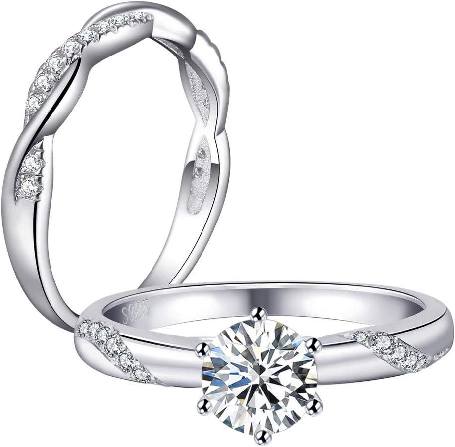 Castillna Sterling Silver Twisted Flame Simulated Diamond CZ Cubic Zirconia Engagement Wedding Bridal Rings Set