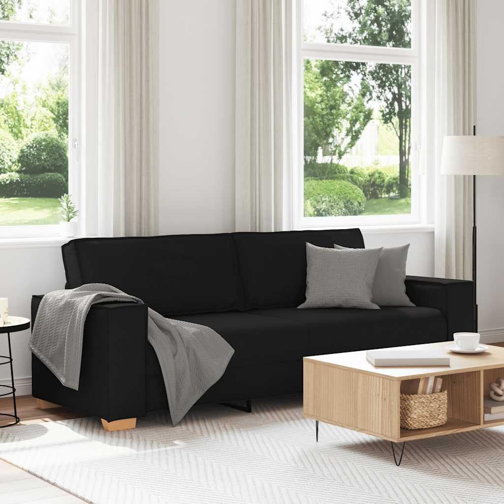 Sofá de 3 plazas, color negro, 220 x 78 x 84 cm, tela 100% poliéster, estructura de madera y metal, reposabrazos anchos cómodos para salón, oficina, habitación de invitados