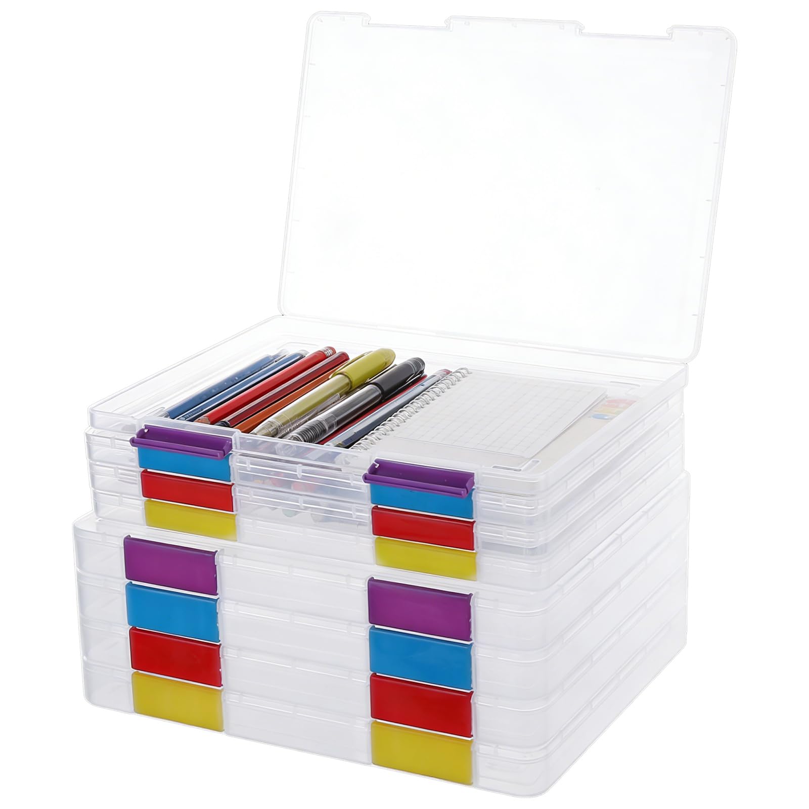 APACALI 8 Pack A4 Storage Box, Clear A4 Paper Storage Box with Lids, Stackable Plastic Boxes with Labels for Home Office Craft Room