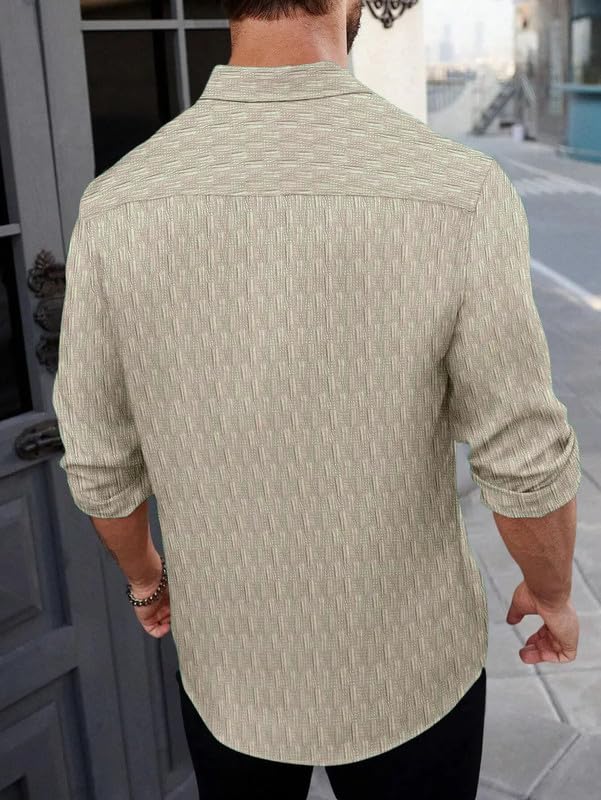 Image of DEELMO Men's Regular Fit Button Down Dress Shirts Textured Long Sleeve Casual Hawaiian Shirt (in, Alpha, XL, Regular, CHIKU-New)