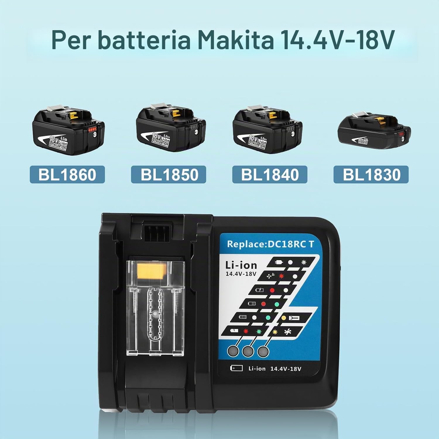 Batteria di ricambio per Makita 18V 5.5Ah+3A Caricabatterie per Makita 18V BL1850 BL1840 BL1830 BL1820 BL1815 e Caricabatterie DC18RA DC18RC DC18RD (Grigio)