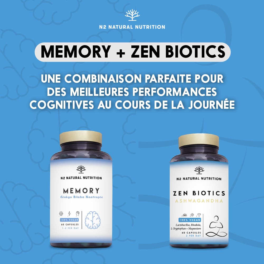 Ginkgo Biloba Nootropic. Cafeine Vitamine B6 Bacopa Thé Verde. Améliore Concentration Memoire Anxiete et Humeur. Anti fatigue. Aide au bien etre general. Végan 60 Capsules N2 Natural Nutrition