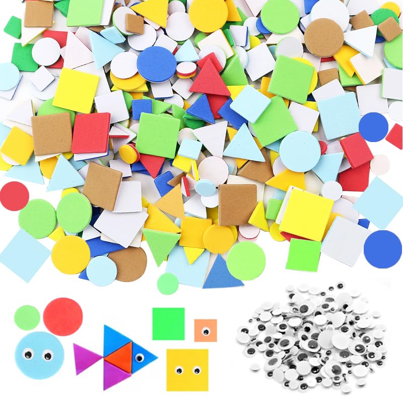 BetterJonny 1500 Piece Foam Shapes Stickers with Self-Adhesive Wiggle Googly Eyes, Mini Geometry Shapes EVA Foam Stickers for DIY Art Crafts Projects Collages