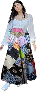 Mogul Interior Women Hippie Skirt Sea Black Floral Patchwork Cotton Boho Beach Cover Up