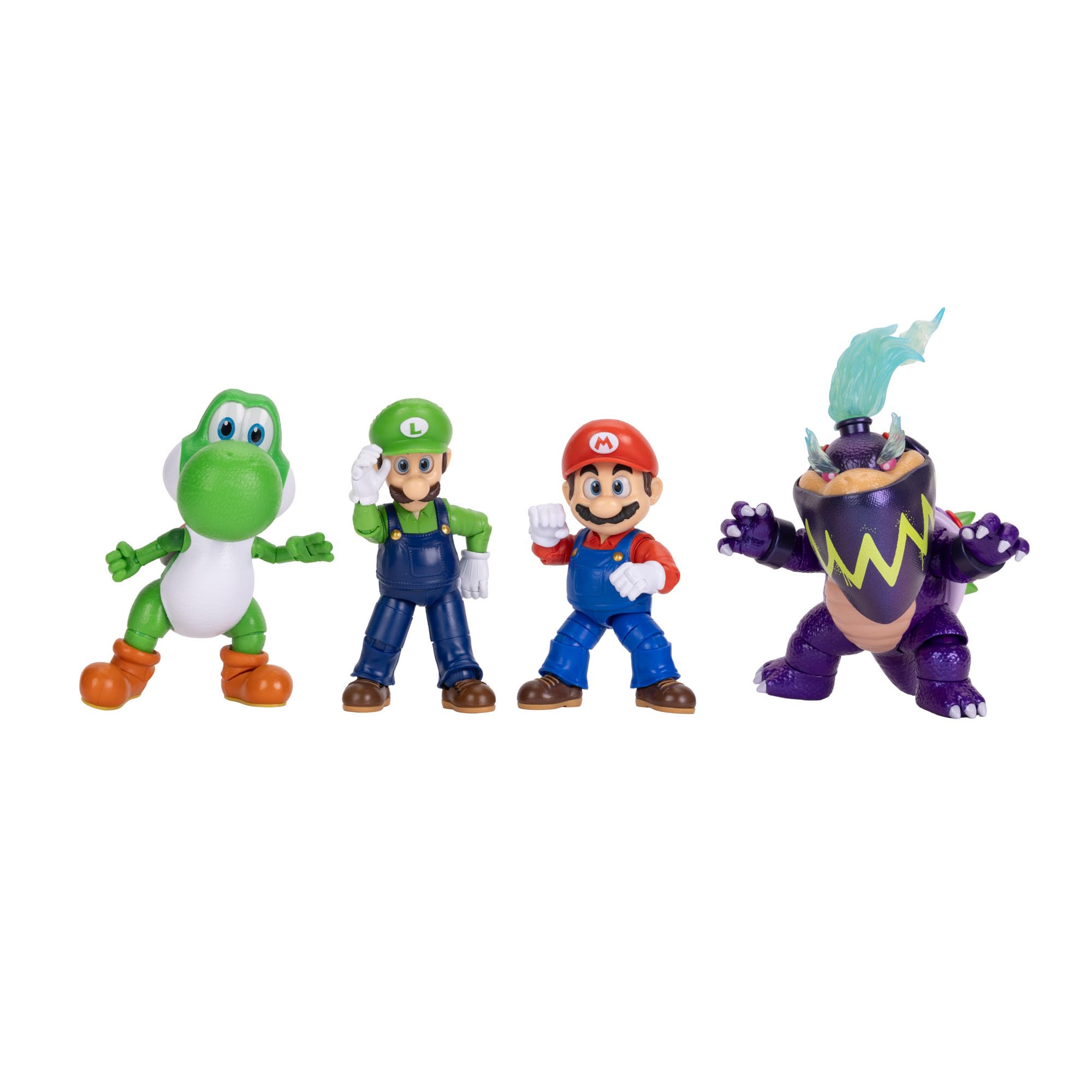 Action figure da 5 pollici del film Super Mario Galaxy, con licenza ufficiale Jakks Pacific, che include Mario, Luigi, Yoshi e l'esclusiva figura di Wonder Bowser Jr., con design articolato.