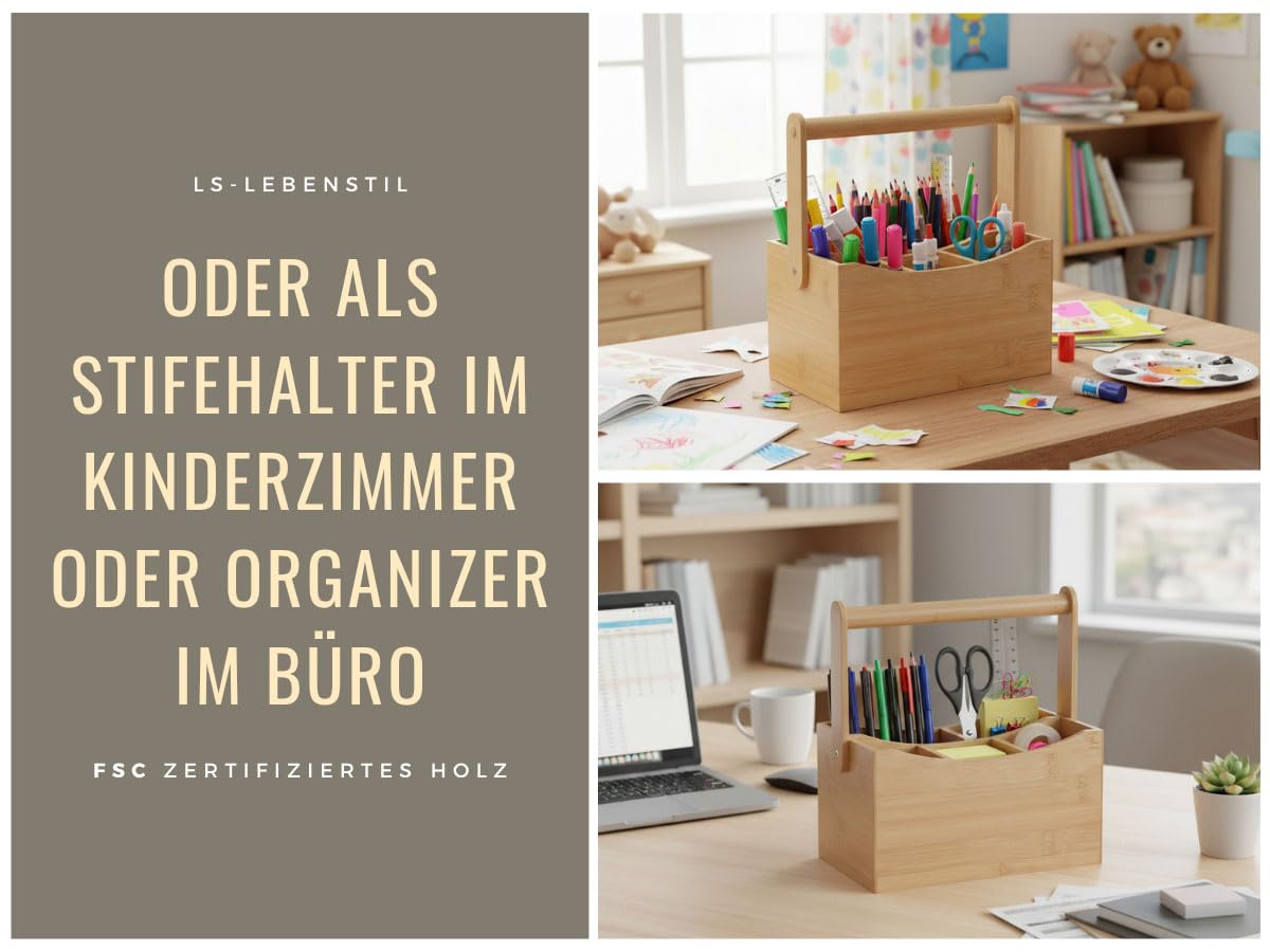 LS-LebenStil Holz Besteckkorb Kampen 4-Fächer 22cm Rechteckig mit Griff Cutlery Utensilo Küche Utensilienhalter Organizer Besteckkasten Besteckständer Besteckbehälter Besteckhalter Stiftebox