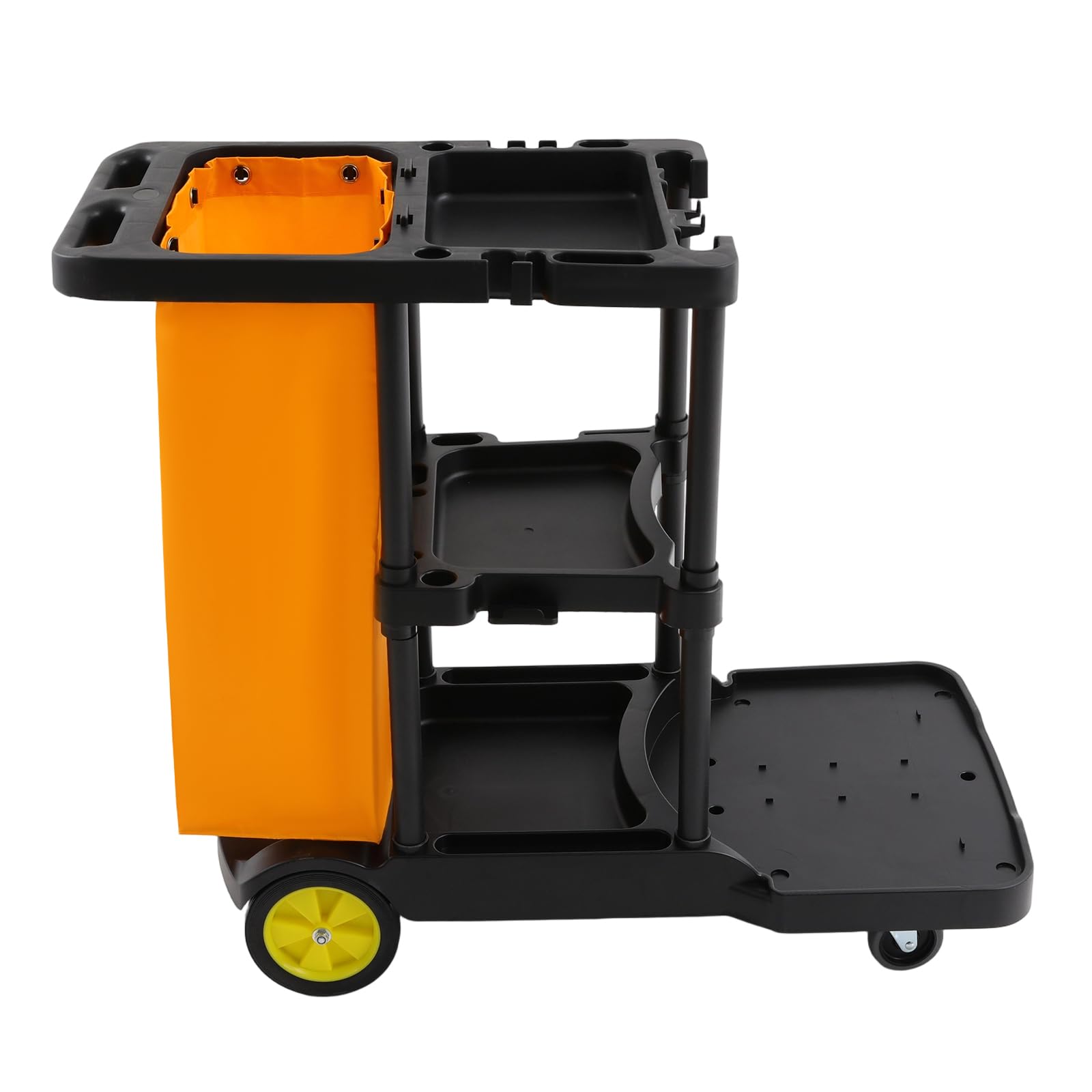 Carro de limpieza con 3 estantes y bolsa de basura, carrito de limpieza para edificios, servicio de hotel, cocina grande, limpieza de oficina, capacidad de carga de 100 kg